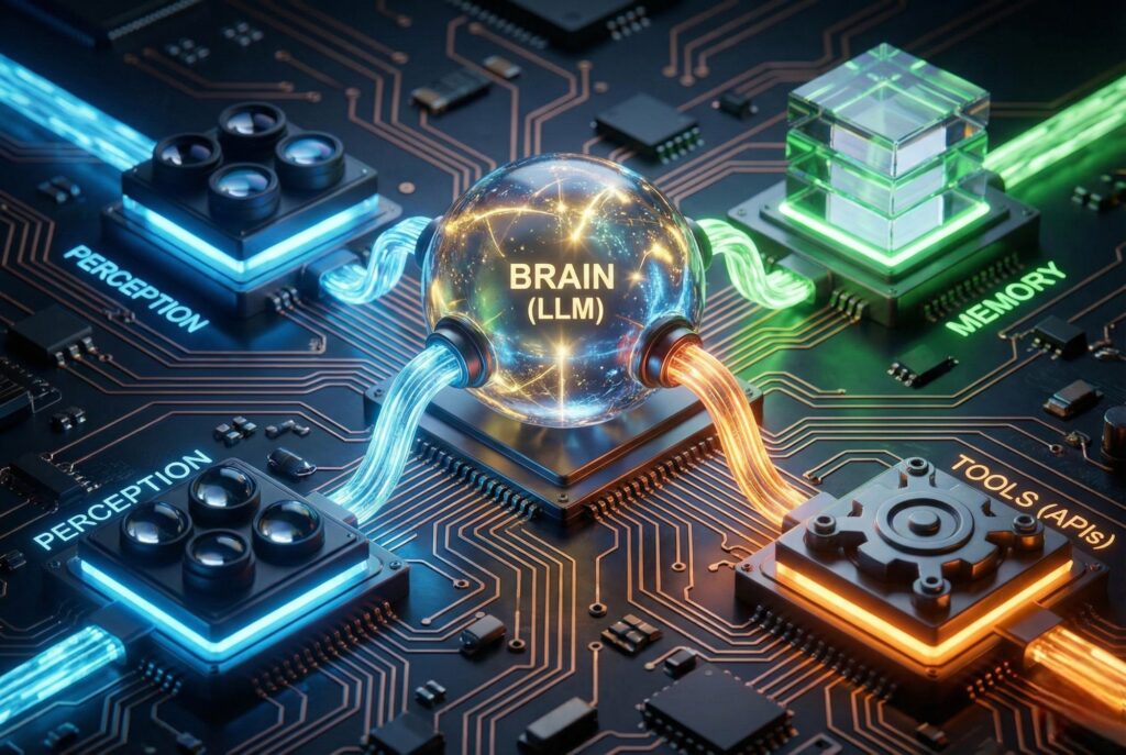 The four pillars of Agentic AI architecture: Perception, Reasoning (Brain), Memory, and Tools.